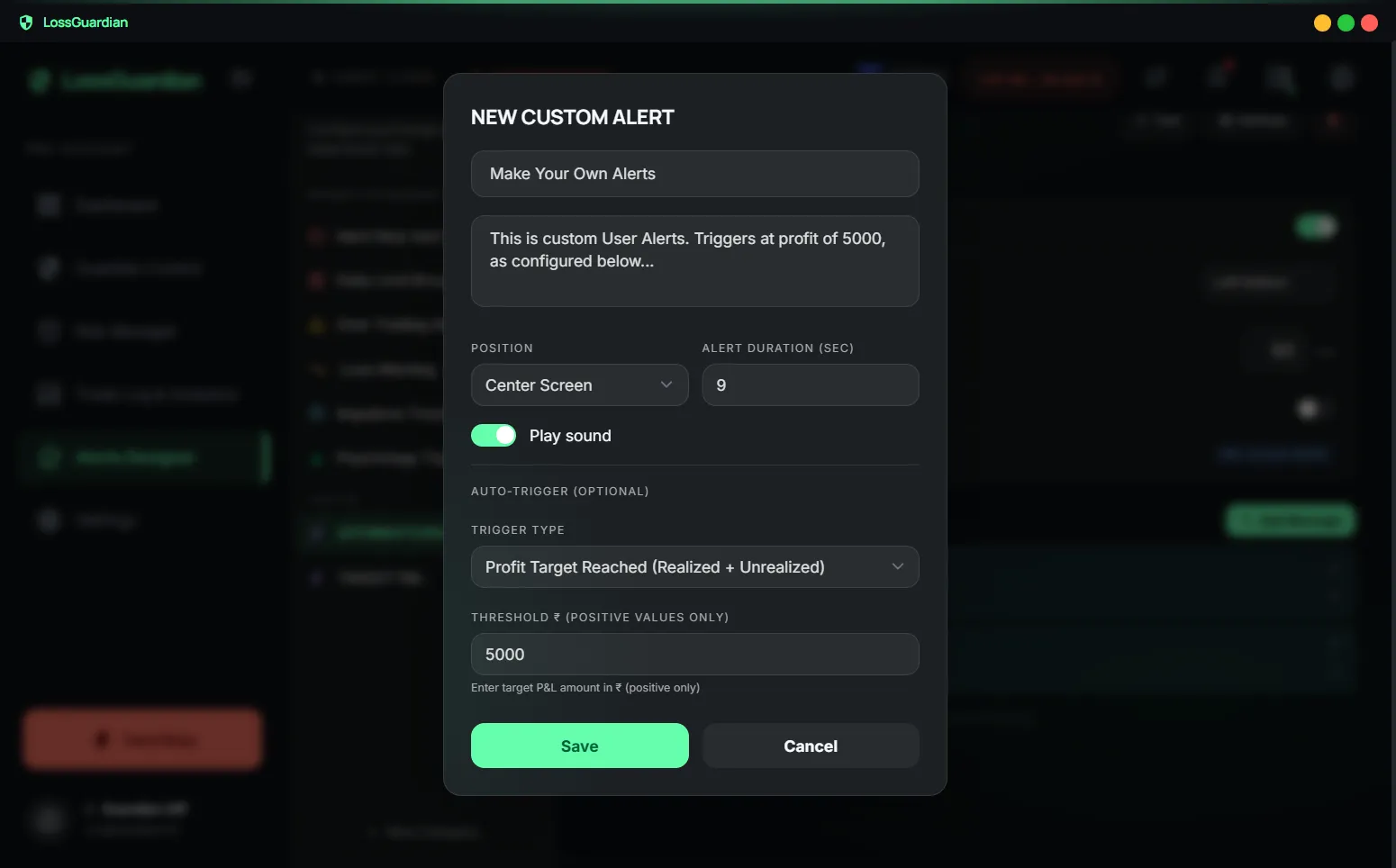 Custom trading alert setup screen with a profit target trigger of 5000 rupees