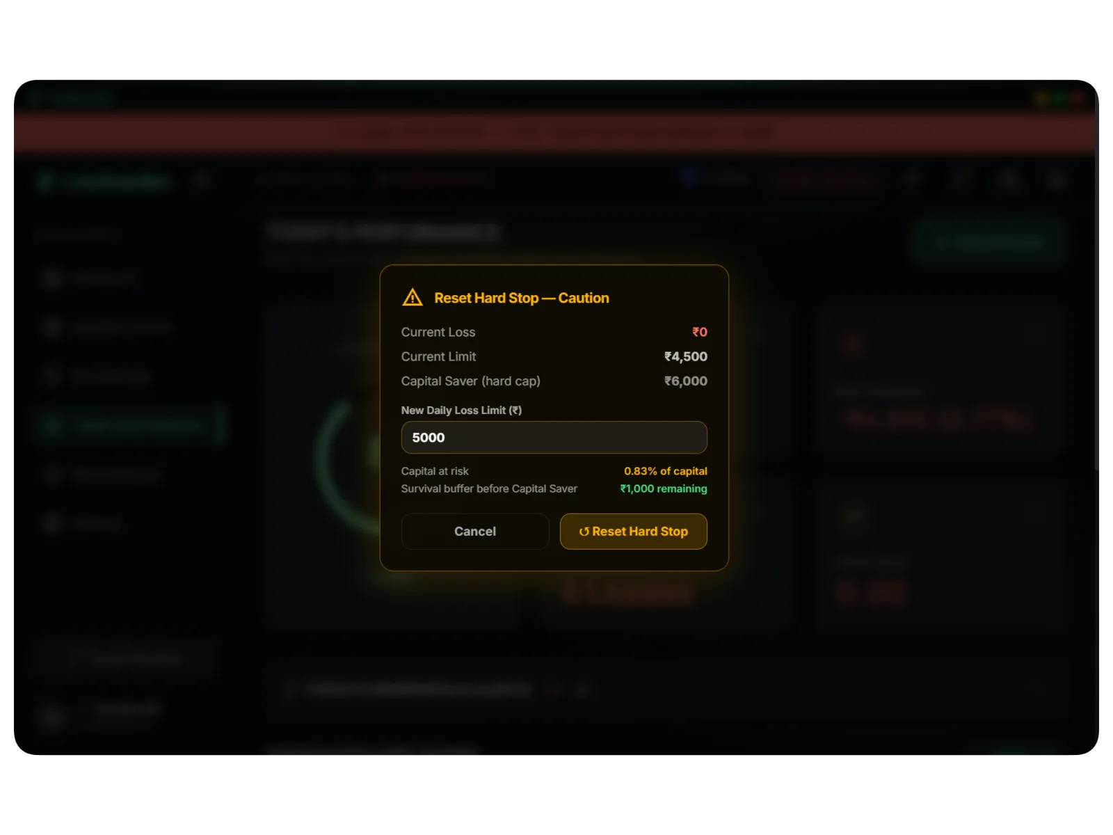 Reset hard stop dialog asking for a new higher daily loss limit